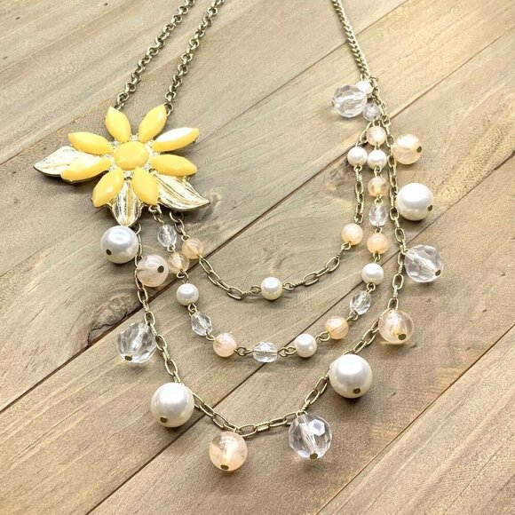 Triple Layered Necklace Flower Statement Beaded Fringe Gold Tone Chain Adjustabl - Picture 2 of 2